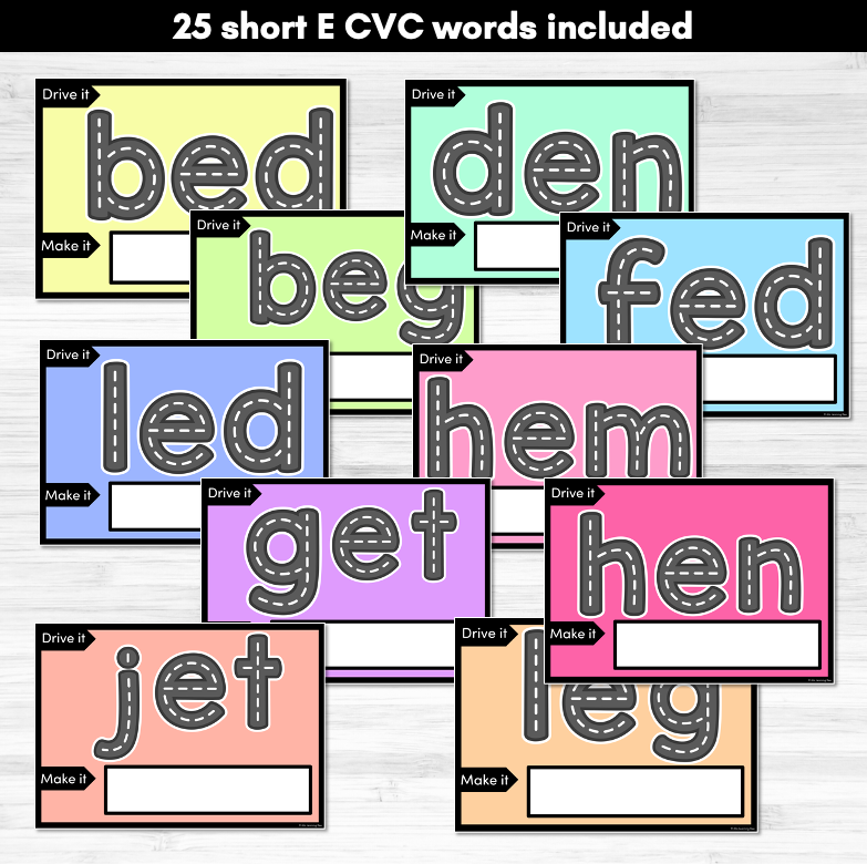 CVC SHORT E WORDS - Drive It Make It - Kindergarten Phonics Activity