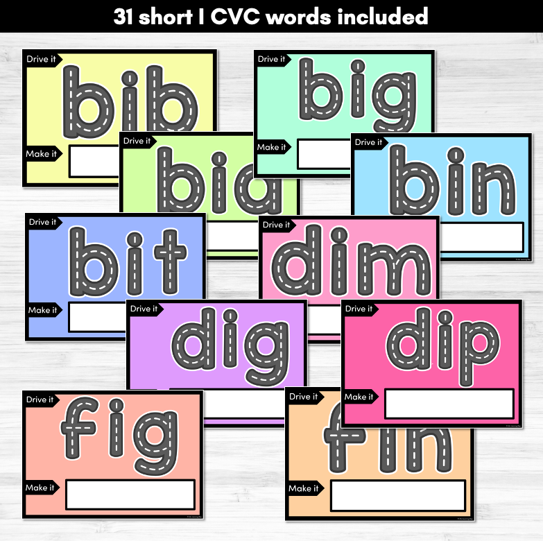 CVC SHORT I WORDS - Drive It Make It - Kindergarten Phonics Activity