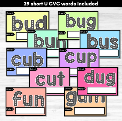 CVC SHORT U WORDS - Drive It Make It - Kindergarten Phonics Activity