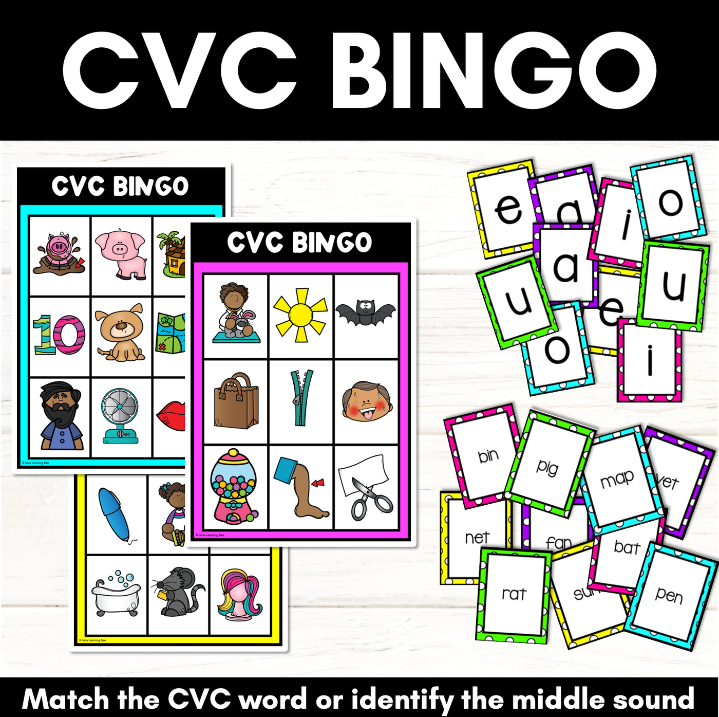 CVC WORD BINGO - Decodable CVC Words - Kindergarten Phonics Literacy Center