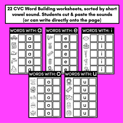 CVC WORD BUILDING WORKSHEETS - Cut & Paste Phonics Printables