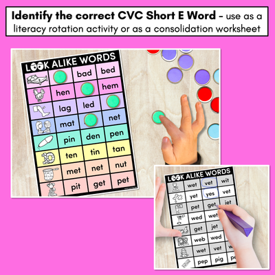 LOOKALIKE WORDS with CVC Words - Short E CVC Words - Task Cards & Printables