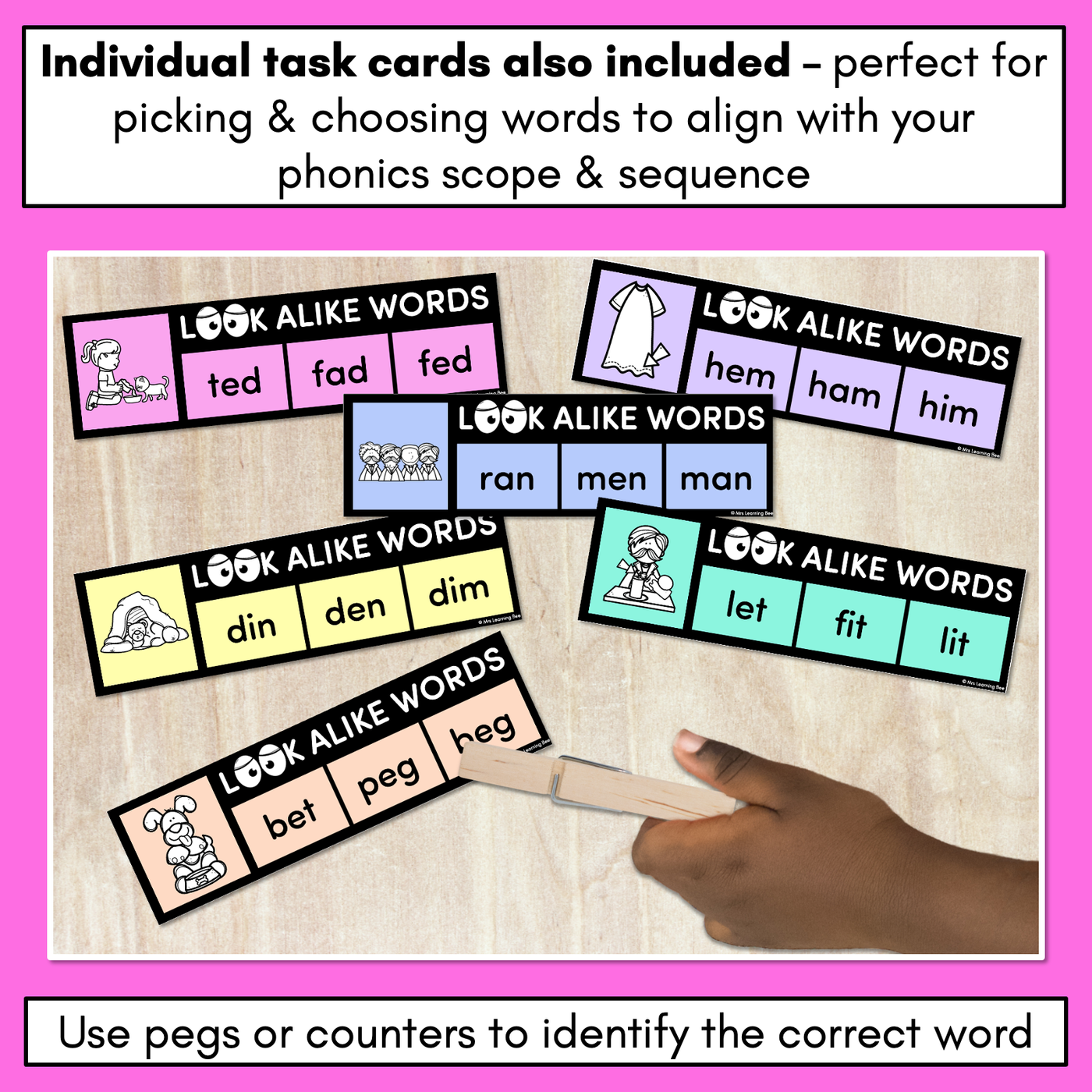 LOOKALIKE WORDS with CVC Words - Short E CVC Words - Task Cards & Printables
