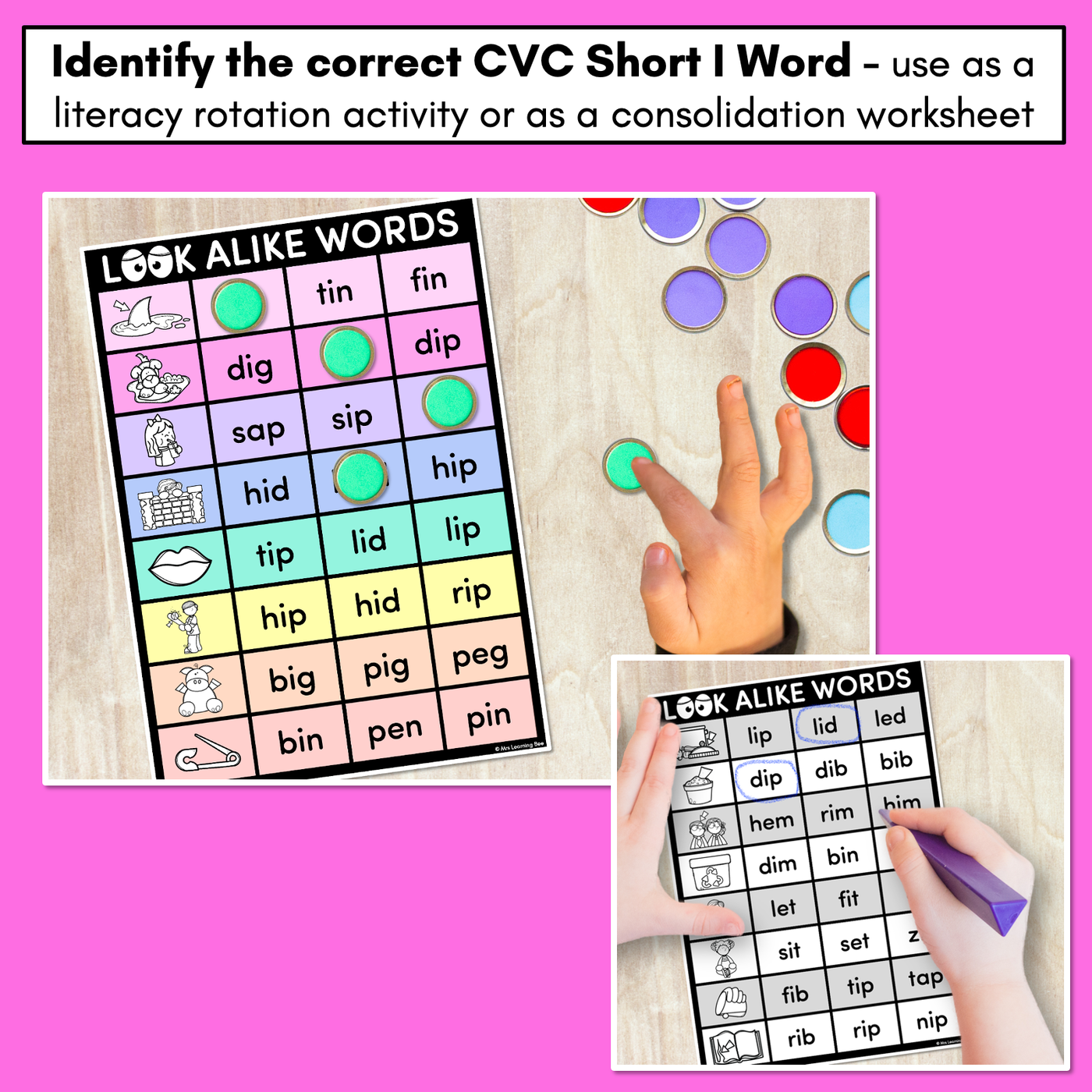 LOOKALIKE WORDS with CVC Words - Short I CVC Words - Task Cards & Printables
