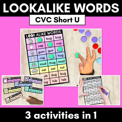 LOOKALIKE WORDS with CVC Words - Short U CVC Words - Task Cards & Printables