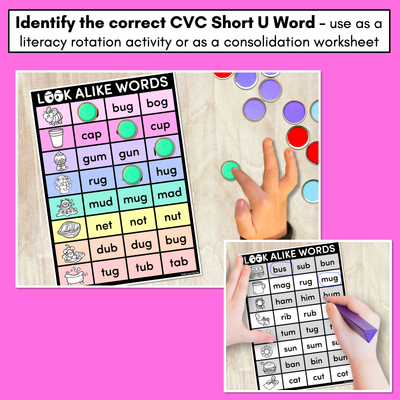 LOOKALIKE WORDS with CVC Words - Short U CVC Words - Task Cards & Printables