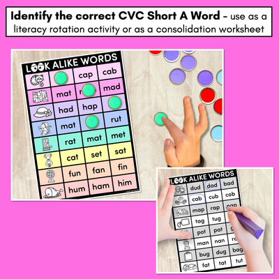 LOOKALIKE WORDS with CVC Words - Short A CVC Words - Task Cards & Printables