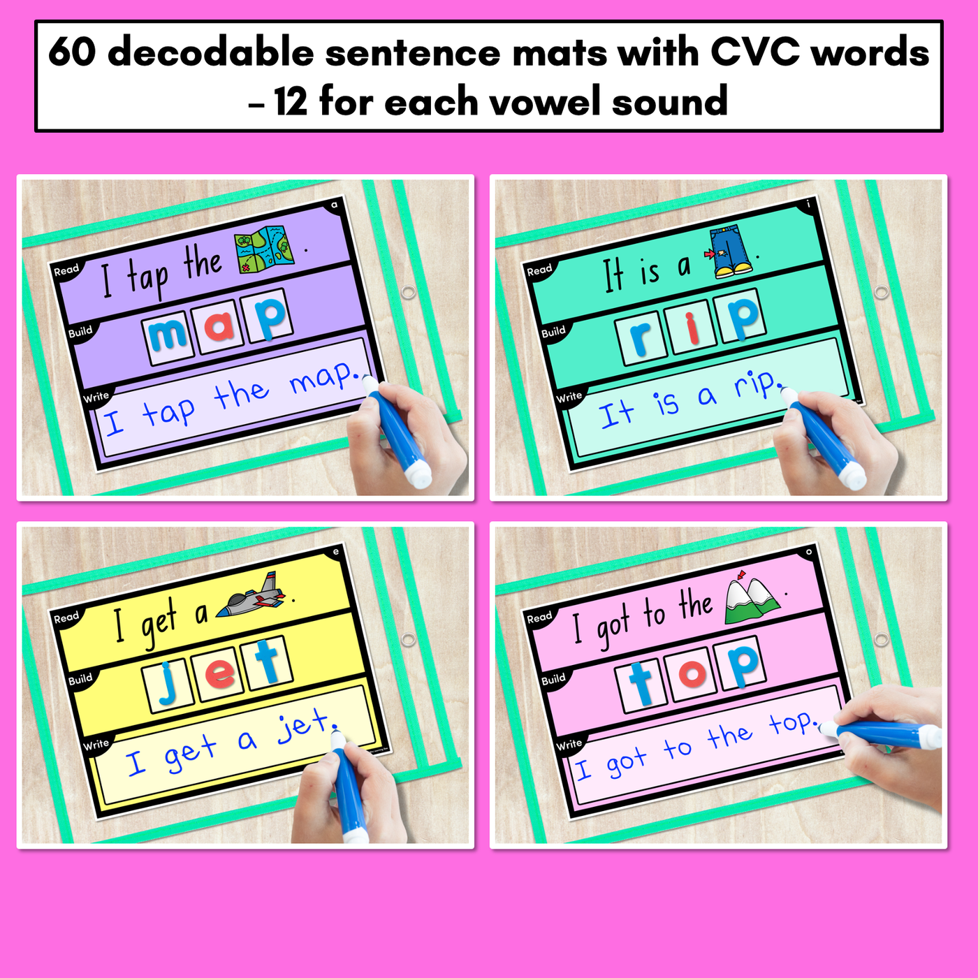 DECODABLE SENTENCE MATS WITH CVC WORDS: Read It, Build It, Write It