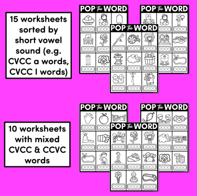 CVC WORD WORKSHEETS for POPPITS - Phonemic Awareness + CVC Word Mapping