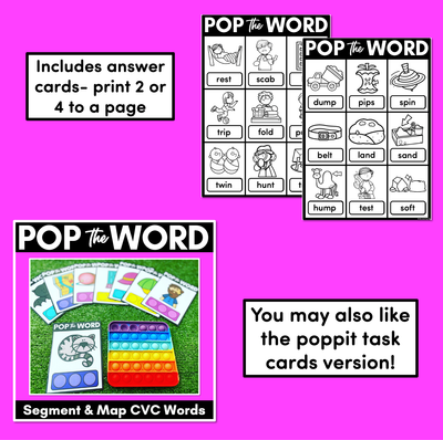 CVC WORD WORKSHEETS for POPPITS - Phonemic Awareness + CVC Word Mapping