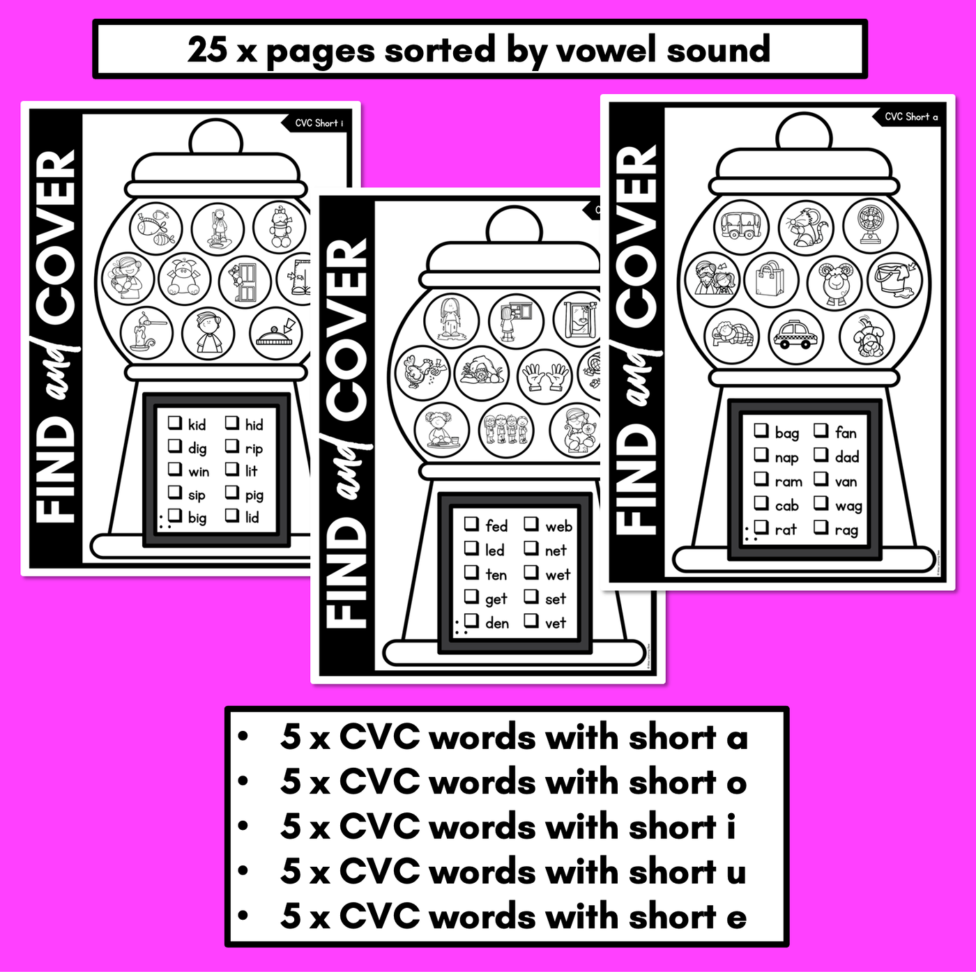 NO PREP CVC WORD PRINTABLES - Find & Cover the CVC Words - GUMBALL THEME