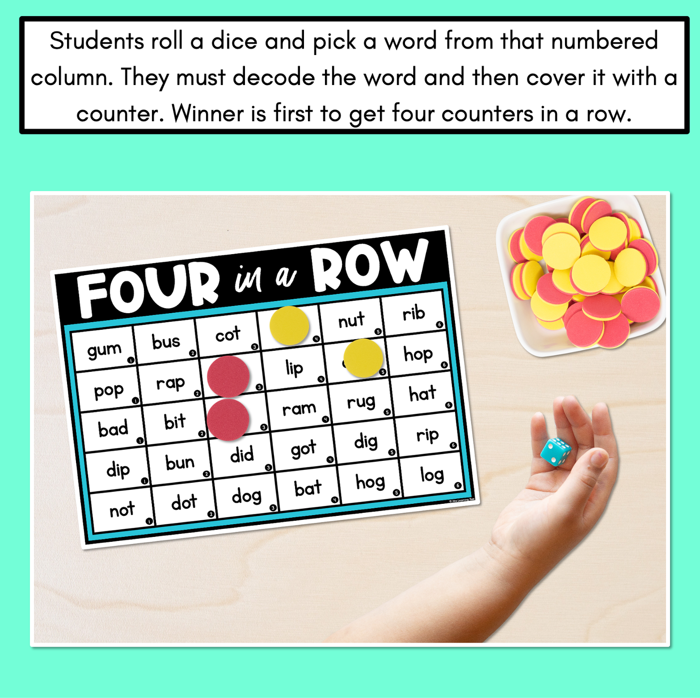 CVC Words Phonics Game - Four in A Row Decodable Words Activity
