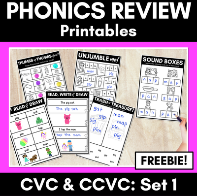 CVC Worksheets FREEBIE - PHONICS REVIEW for Kindergarten Set 1