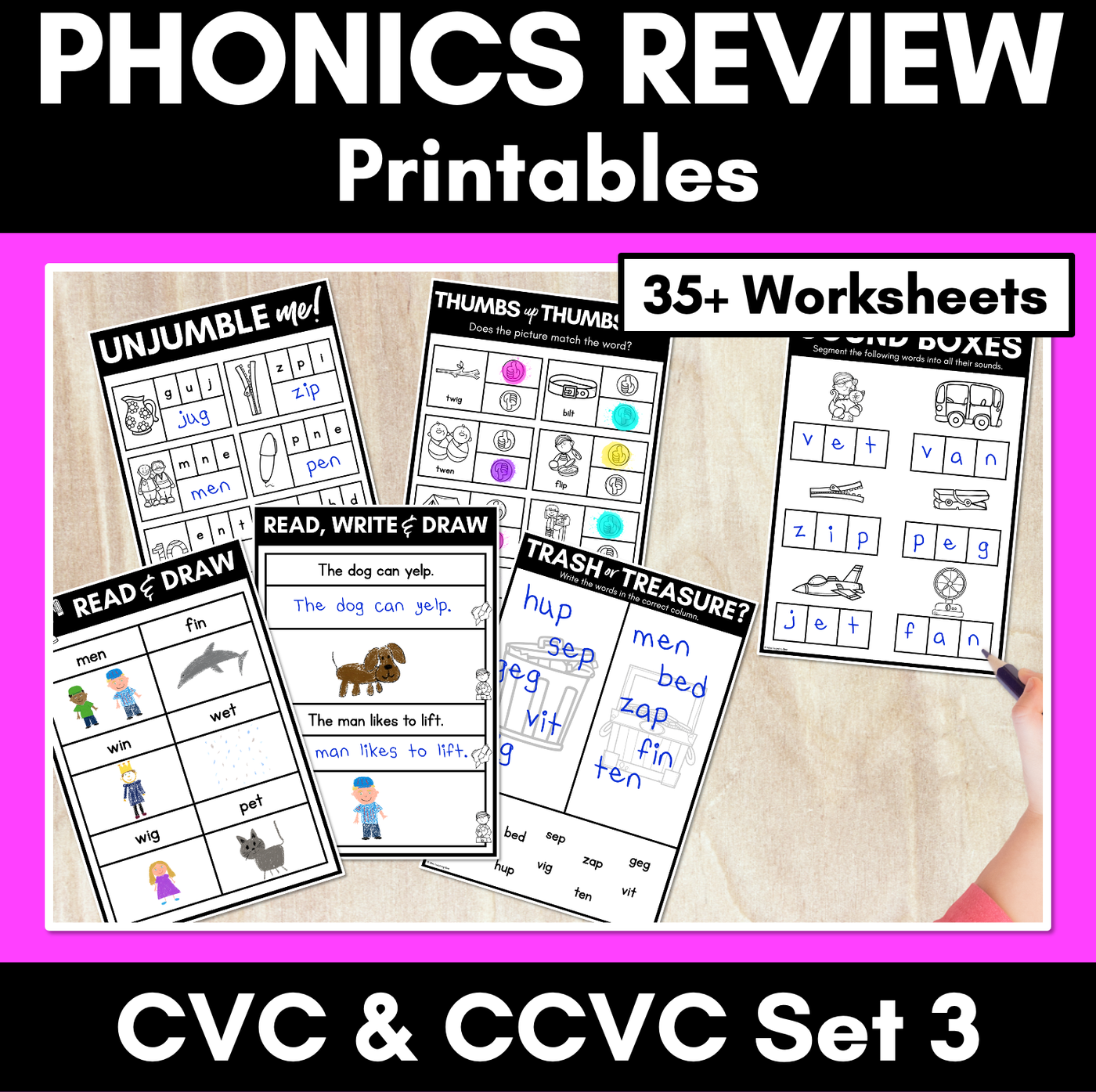 CVC Worksheets - PHONICS REVIEW for Kindergarten Set 3