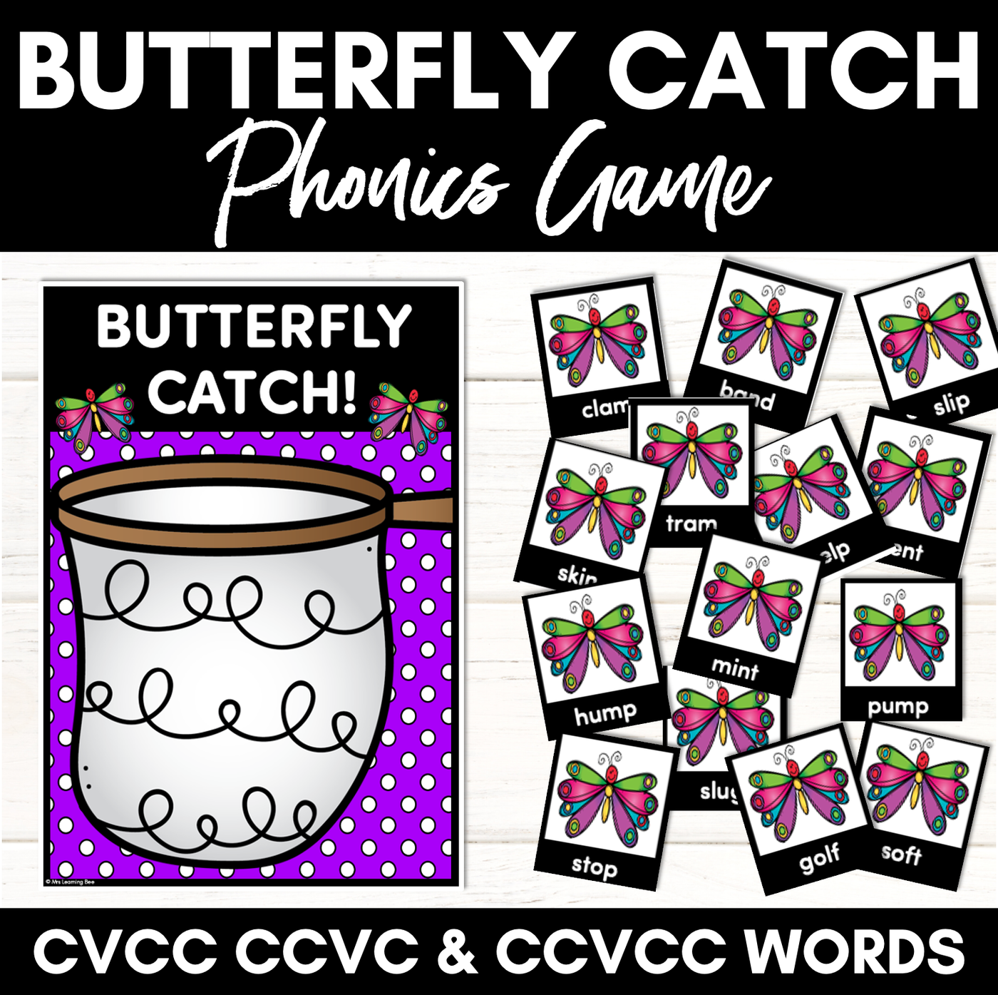 CVCC CCVC CCVCC Words Phonics Game for Kindergarten - Butterfly Catch