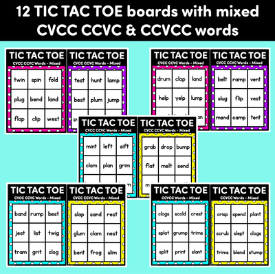 TIC TAC TOE GAME for CVCC CCVC CCVCC Words - No Prep Phonics Game