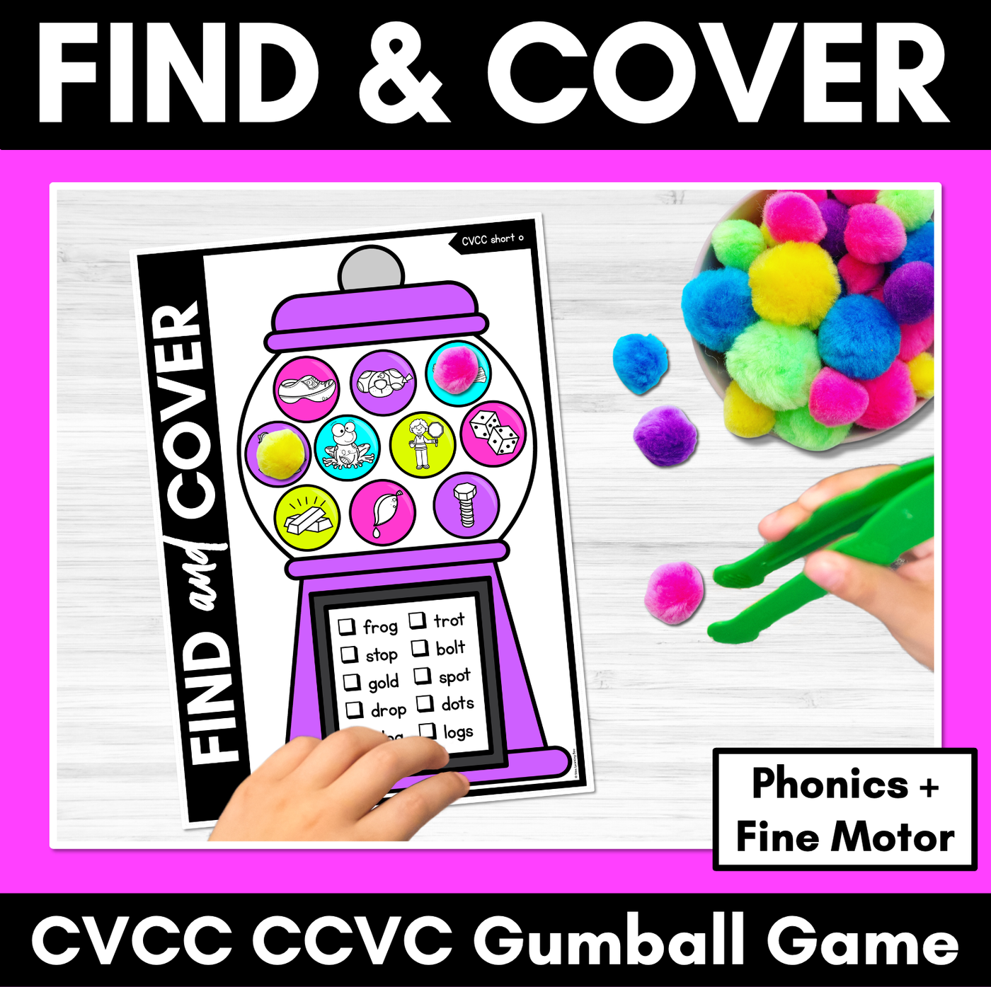 NO PREP CVCC CCVC CCVCC WORD GAMES - Find & Cover - GUMBALL GAMES