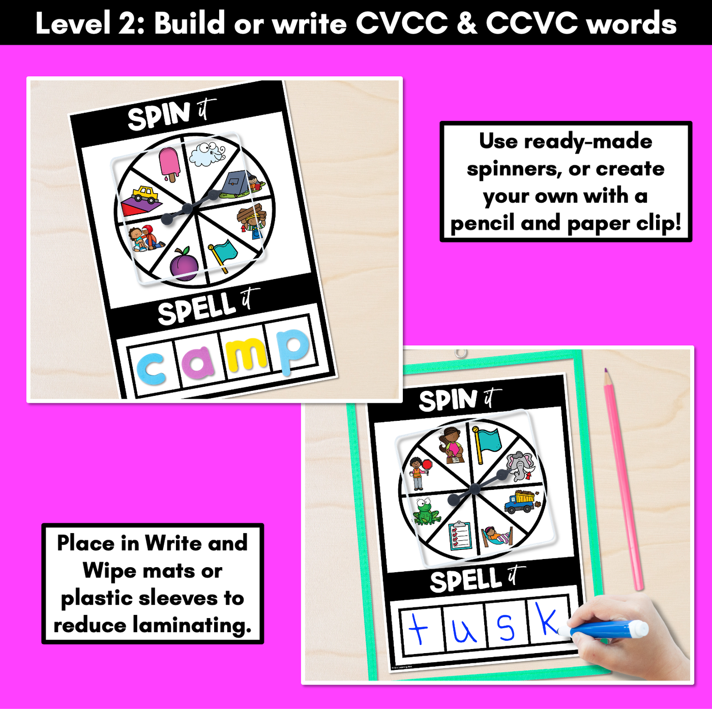 SPIN IT SPELL IT CVCC CCVC WORDS - No Prep Phonics Activities