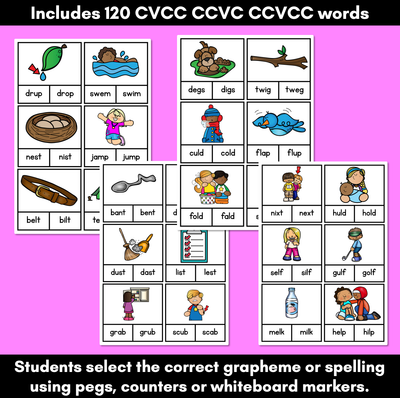 CVCC CCVC CCVCC Word Clip Cards - Kindergarten Phonics Task Cards