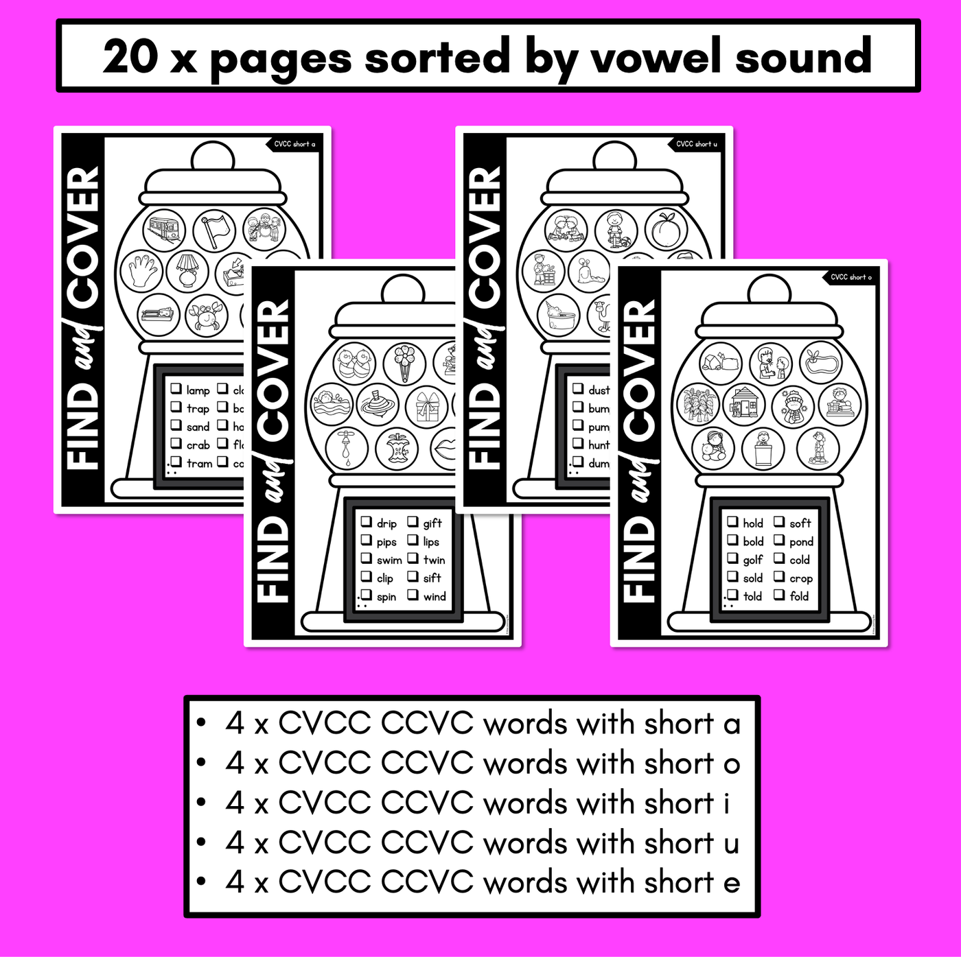 NO PREP CVCC CCVC CCVCC WORD PRINTABLES - Find & Cover - GUMBALL THEME