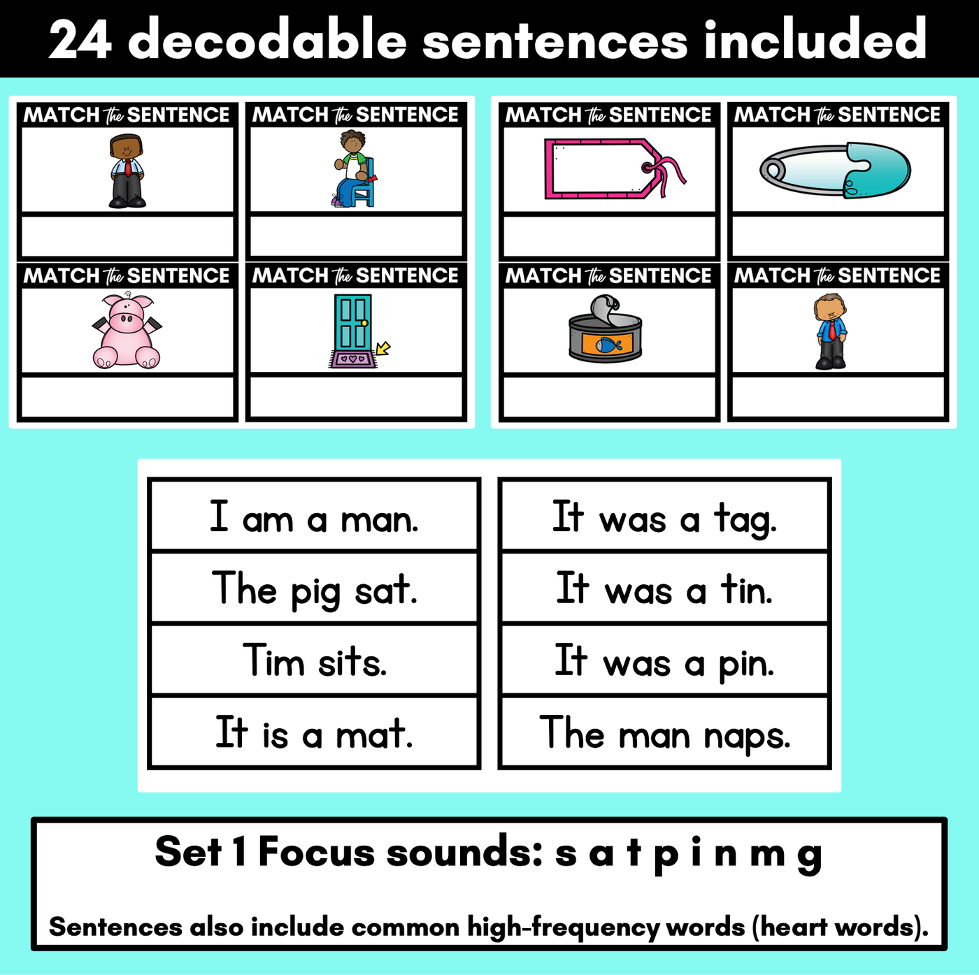 Decodable CVC Sentences - Read and Match Set 1 - Kindergarten Phonics