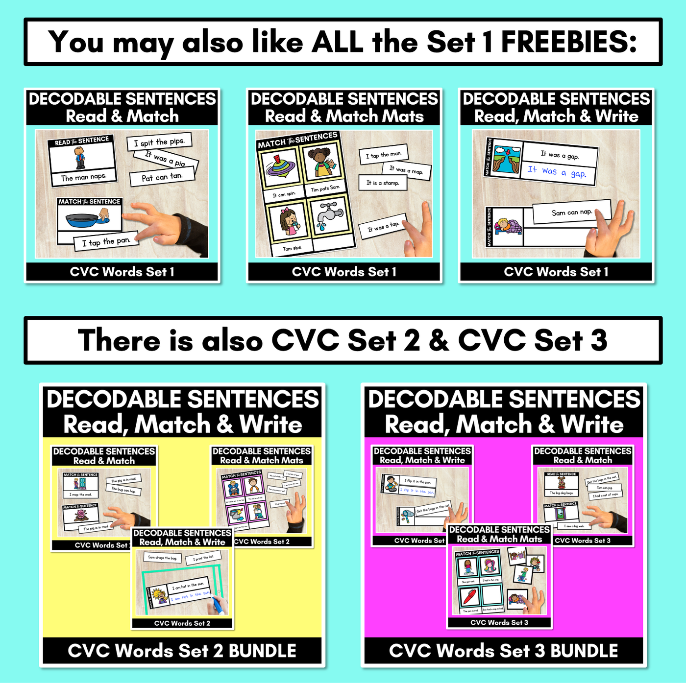 Decodable CVC Sentences - Read, Match & Write Set 3 - CVC Words