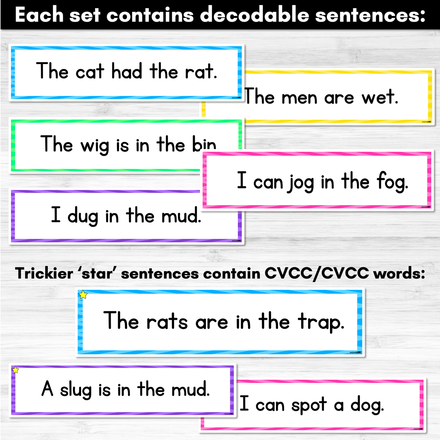 Decodable Words and Sentence Cards | CVC CVCC CCVC Words