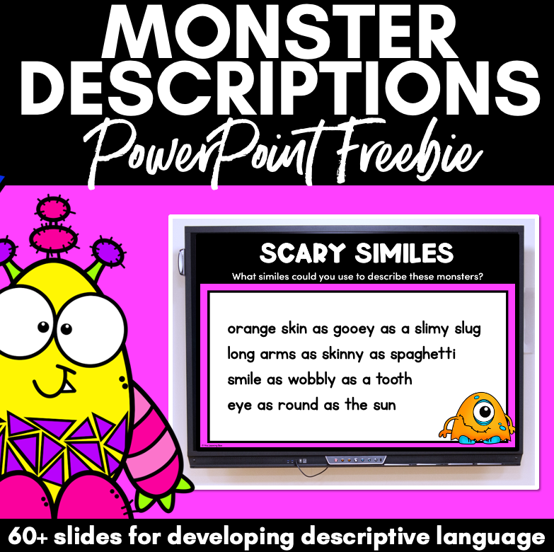 Descriptive Writing and Vocabulary Templates - Monsters FREEBIE Slides