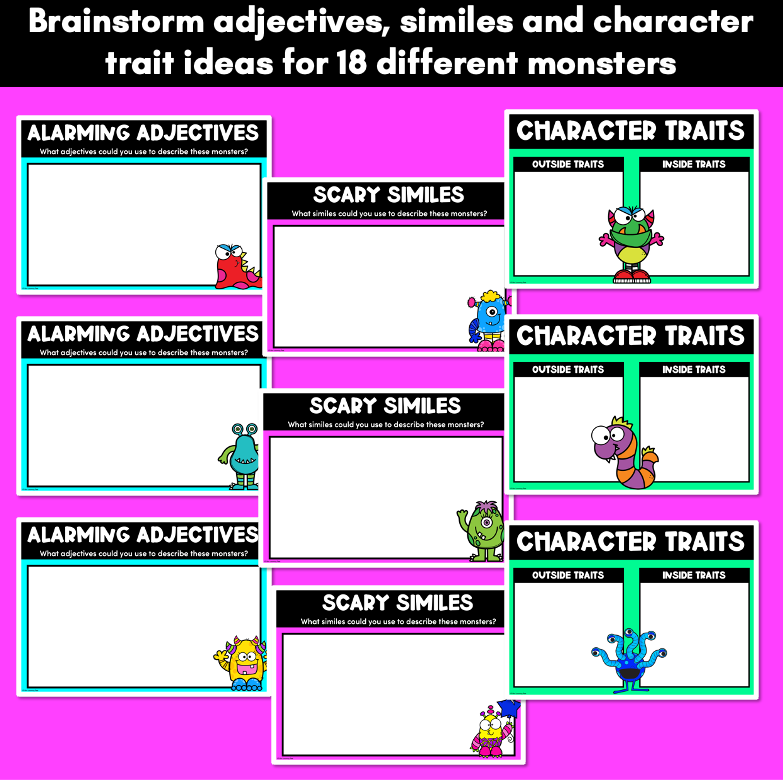 Descriptive Writing and Vocabulary Templates - Monsters FREEBIE Slides
