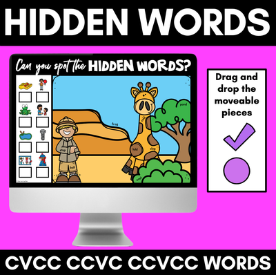 HIDDEN CVCC CCVC CCVCC WORD SLIDES - Digital Phonics Game for Kindergarten