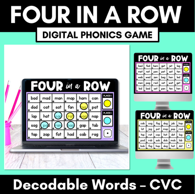CVC Words DIGITAL Phonics Game - Four in A Row Decodable Words PowerPoint
