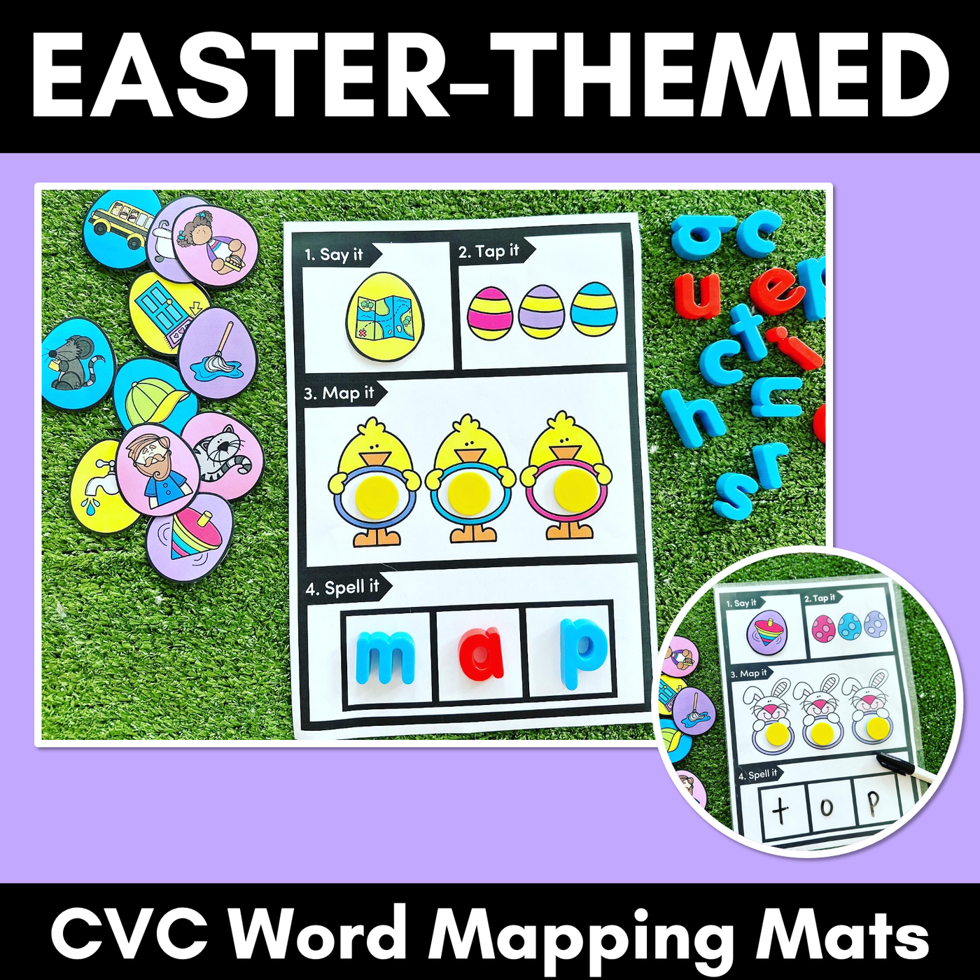 Easter-themed Activities - CVC Word Mapping Mats