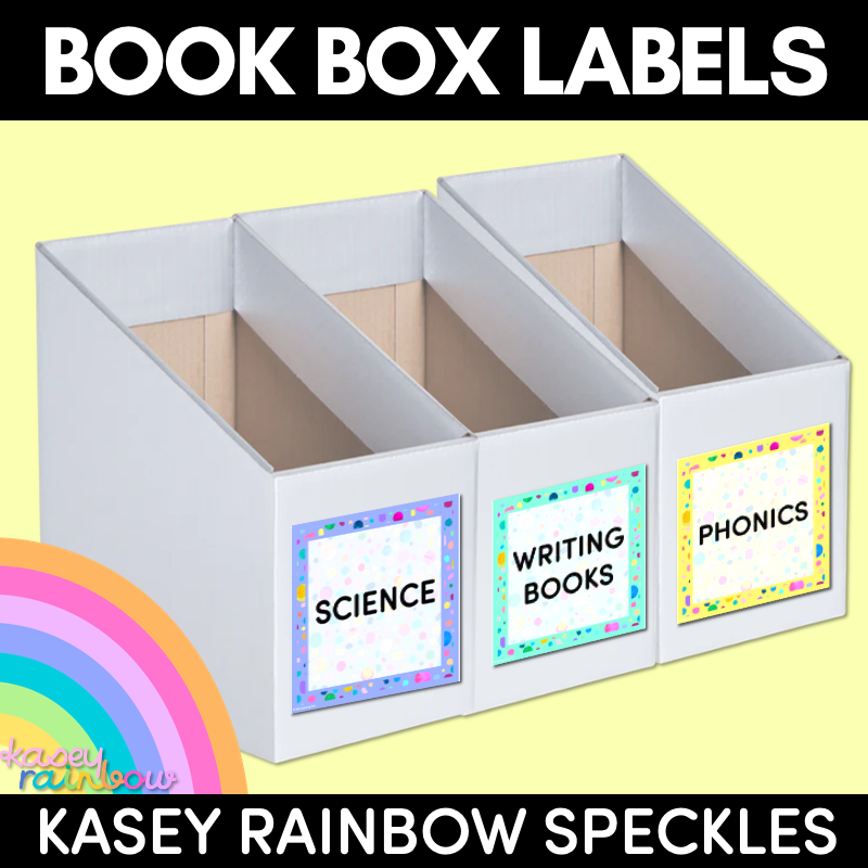 BOOK BOX HOLDER EDITABLE LABELS- The Kasey Rainbow Collection - Rainbow Speckles