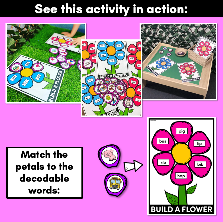 CVC Words Phonics Game - BUILD A PHONICS FLOWER Kindergarten Literacy Center