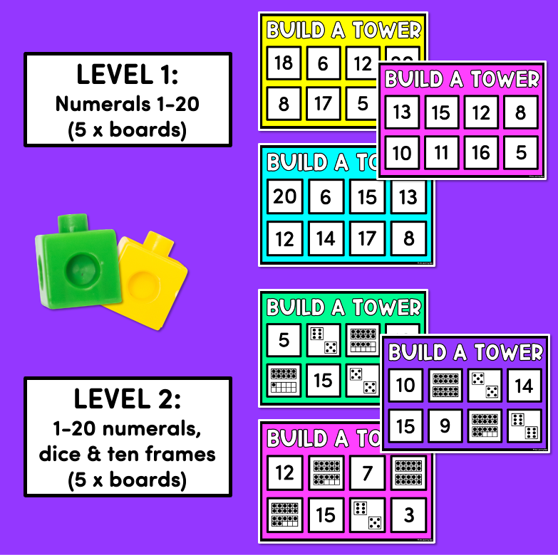 Kindergarten Math Build A Tower - Numbers 1 - 20 (Level 2)