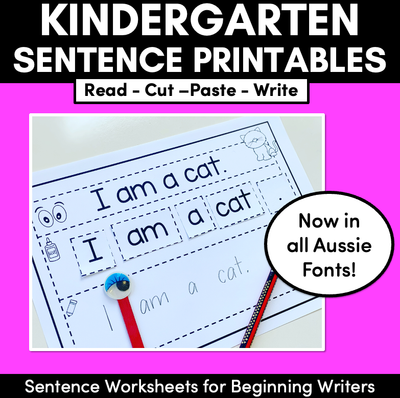 Kindergarten Sentence Worksheets - Set 1 READ, CUT, PASTE, WRITE - Print & Go