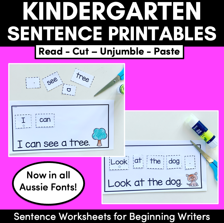 Kindergarten Sentence Worksheets - Set 2 READ, CUT, UNJUMBLE, PASTE - Print & Go