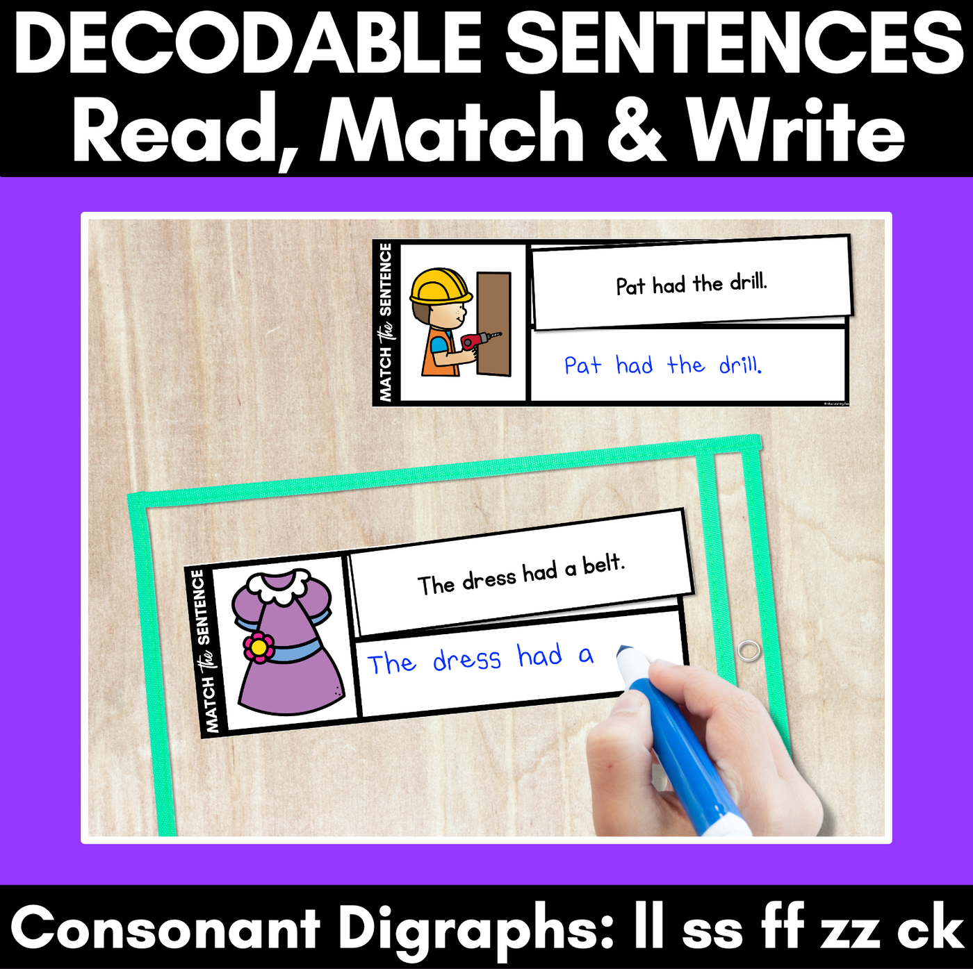 LL SS FF ZZ CK Decodable Sentences - Read, Match & Write