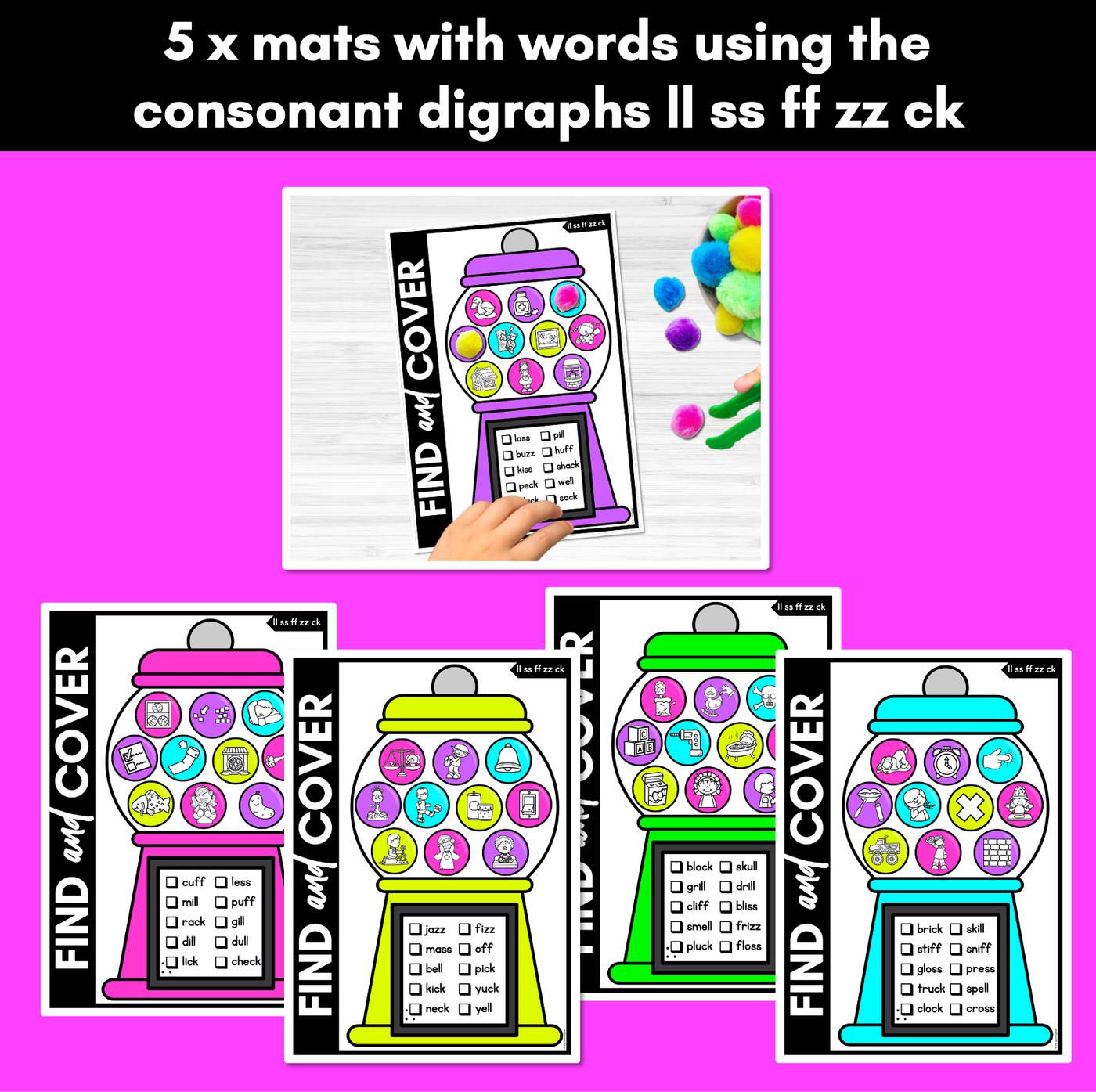 LL SS FF ZZ CK Words - Find & Cover No Prep Phonics Game for Consonant Digraphs