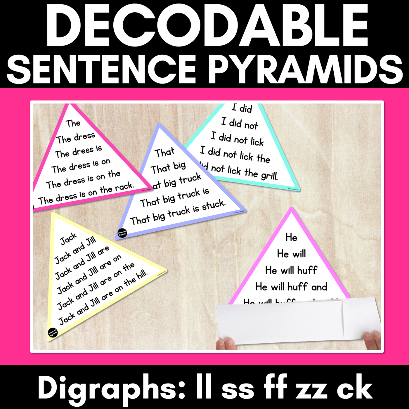 LL SS FF ZZ CK WORDS - Decodable Sentences Pyramids - Phonics Fluency