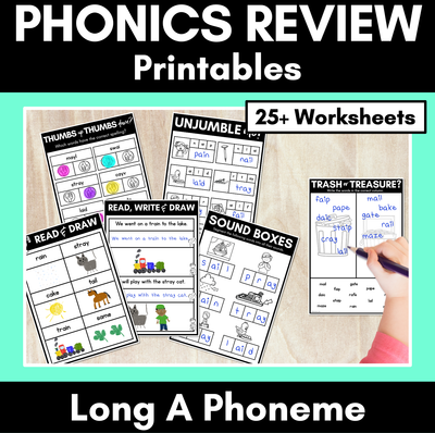 Long Vowel A Worksheets FREEBIE - PHONICS REVIEW for Long Vowel Sounds