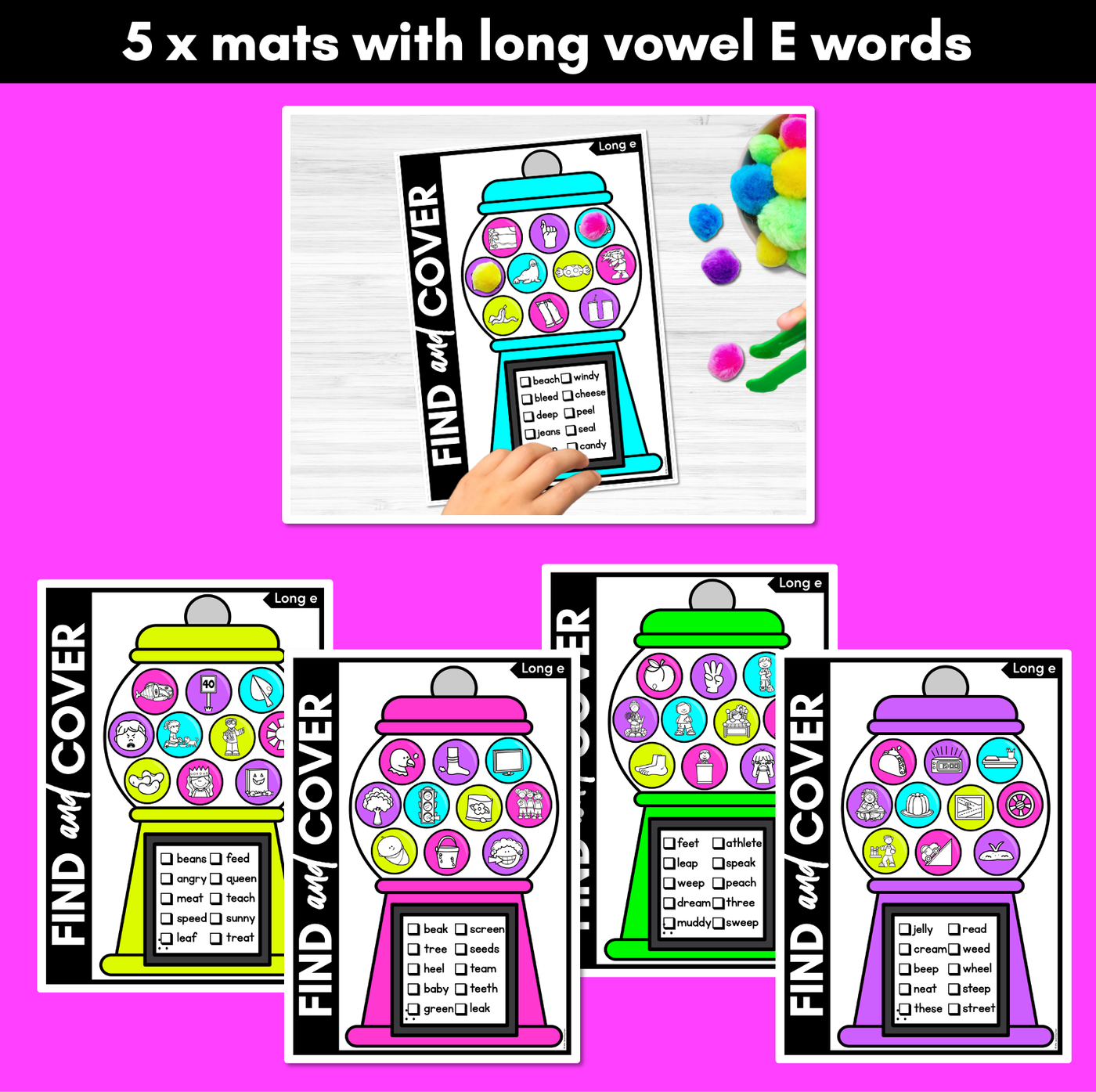 Long Vowel E Words - Find & Cover No Prep Phonics Game for Long Vowel Sounds