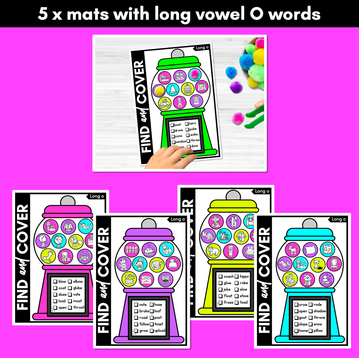 Long Vowel O Words - Find & Cover No Prep Phonics Game for Long Vowel Sounds