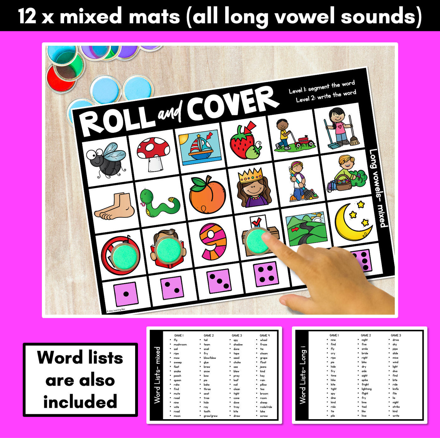 LONG VOWEL SOUND GAMES - No Prep Phonemic Awareness + Phonics Activity - Roll & Cover