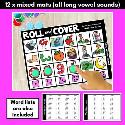 LONG VOWEL SOUND GAMES - No Prep Phonemic Awareness + Phonics Activity - Roll & Cover