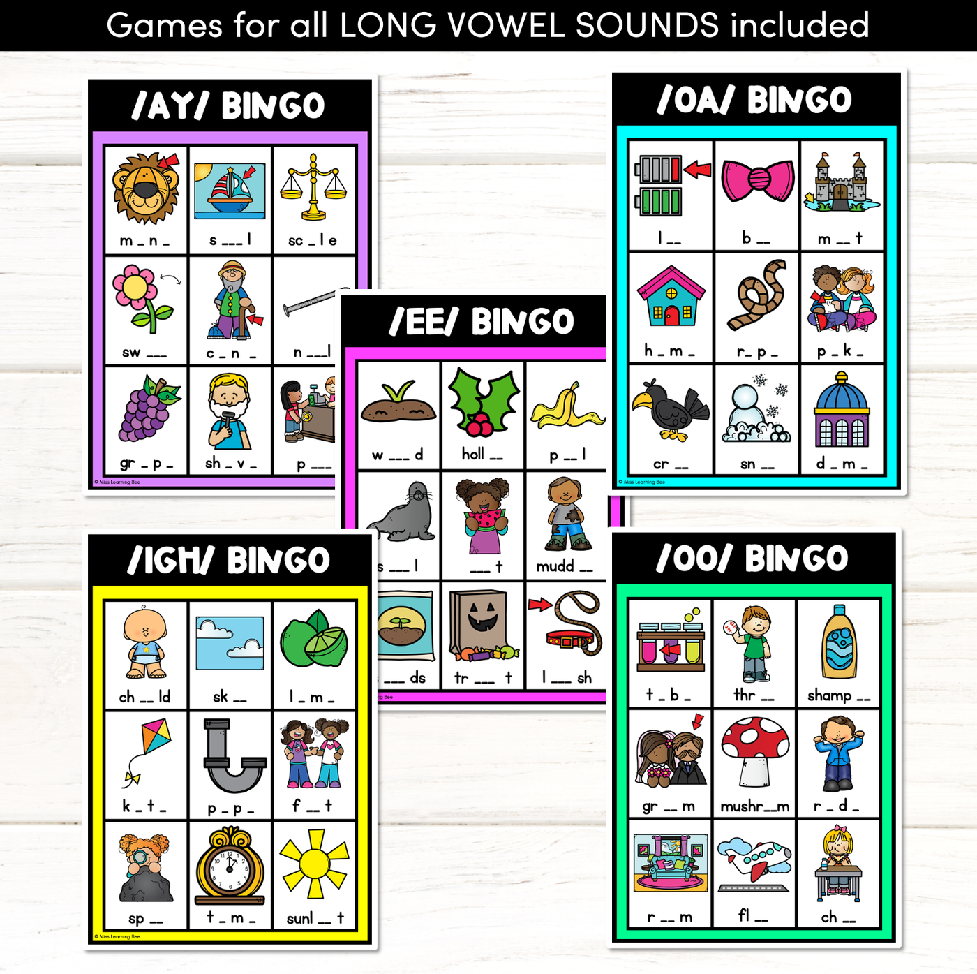 LONG VOWEL WORDS BINGO - Vowel Teams and Long Vowel Phonemes Phonics Game