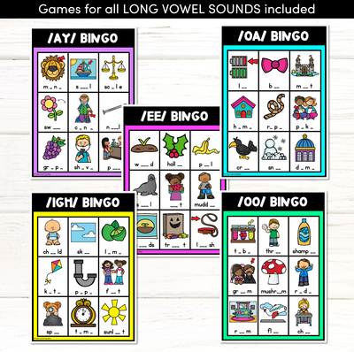 LONG VOWEL WORDS BINGO - Vowel Teams and Long Vowel Phonemes Phonics Game