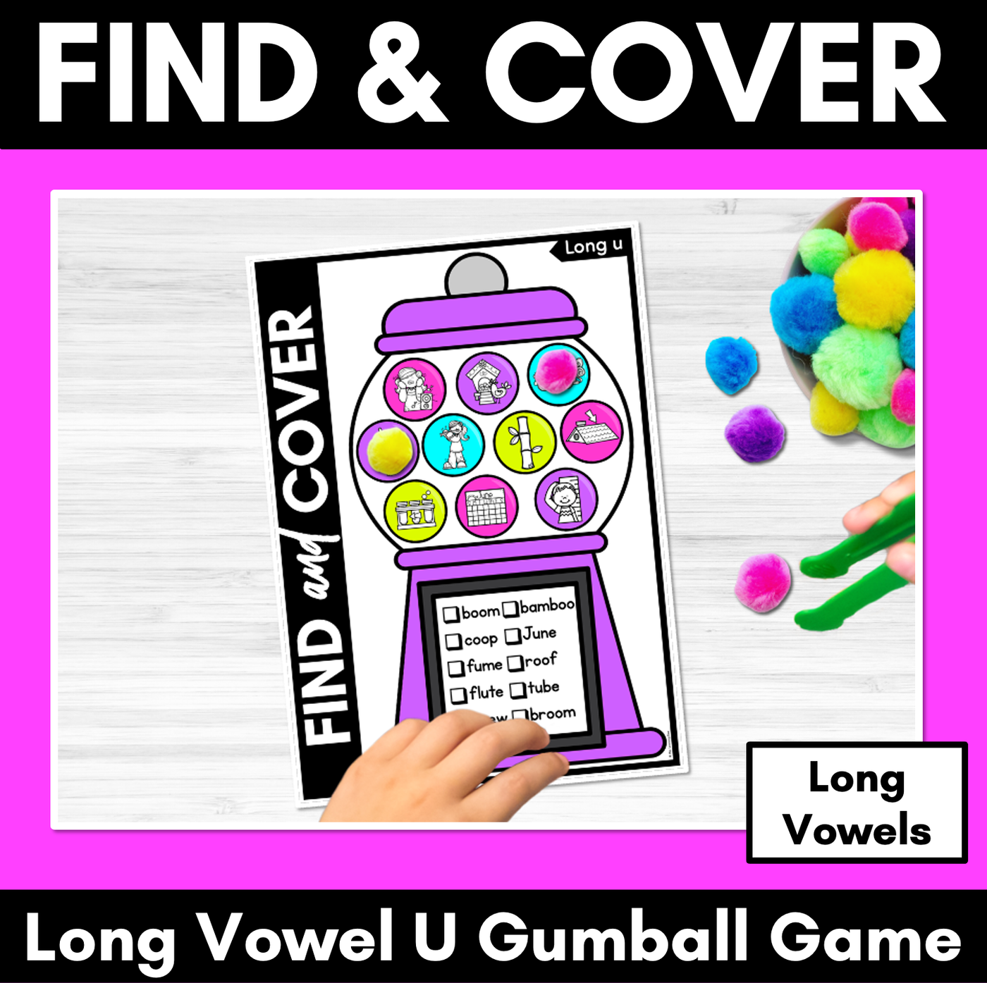 Long Vowel U Words - Find & Cover No Prep Phonics Game for Long Vowel Sounds