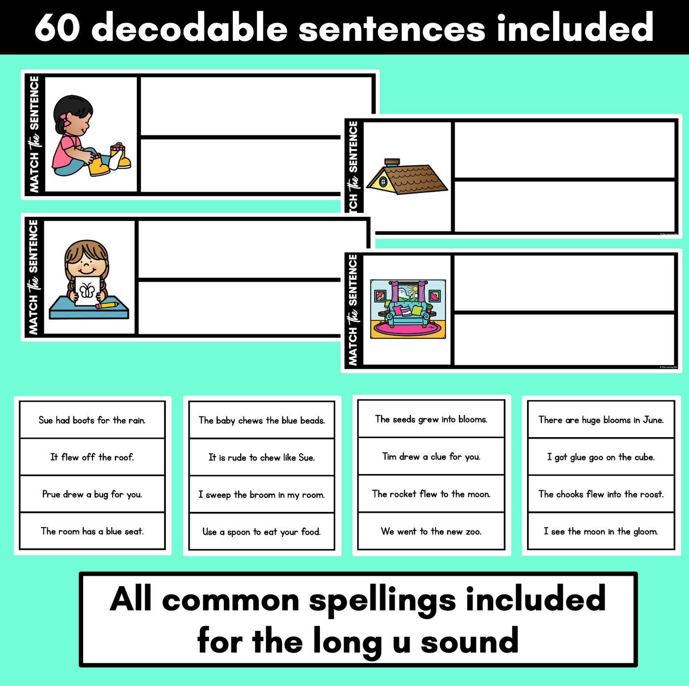 Long Vowel U Word Decodable Sentences - Read, Match & Write