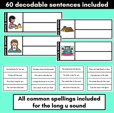 Long Vowel U Word Decodable Sentences - Read, Match & Write